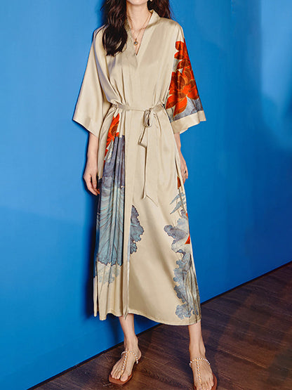 Hand Painted Lotus Satin Tea-Length Long Women's Robes