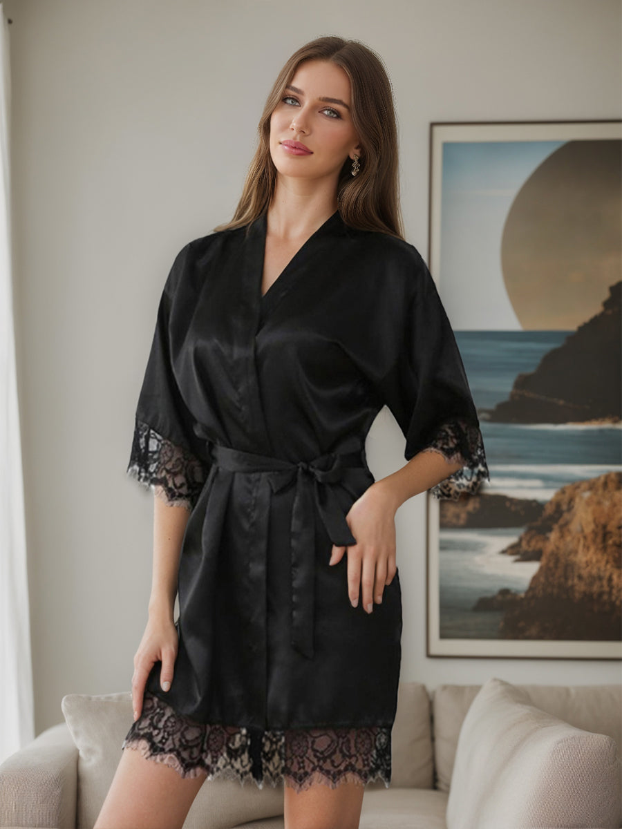 Silk Satin Short/Mini Solid Color Bride Robes with Lace Trim