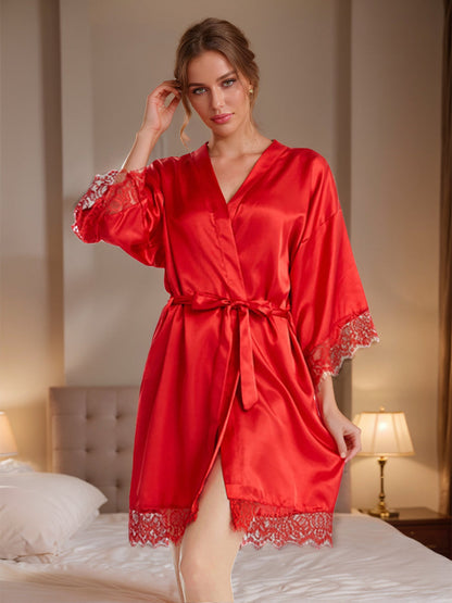 Silk Satin Short/Mini Solid Color Bride Robes with Lace Trim