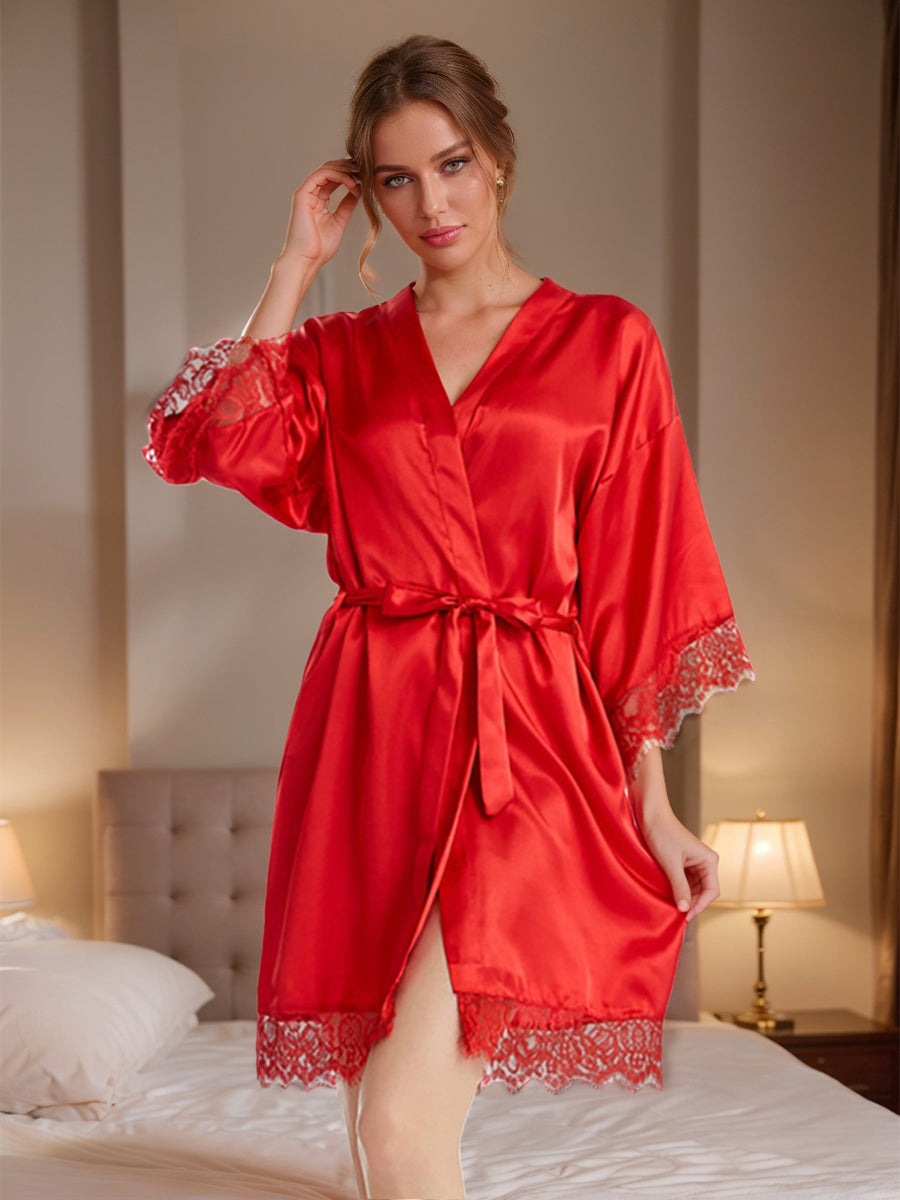 Silk Satin Short/Mini Solid Color Bride Robes with Lace Trim