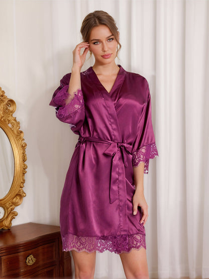 Silk Satin Short/Mini Solid Color Bride Robes with Lace Trim