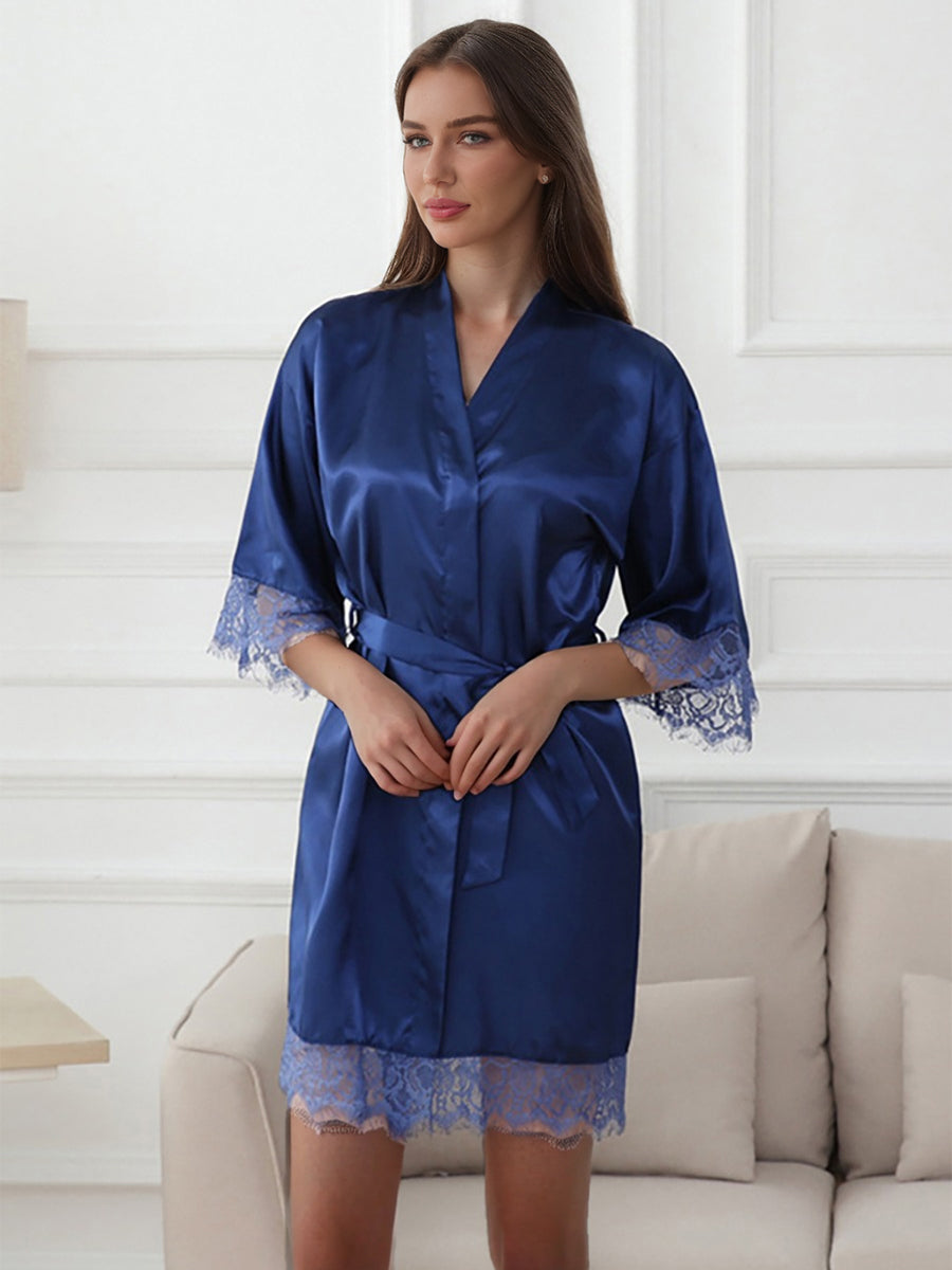 Silk Satin Short/Mini Solid Color Bride Robes with Lace Trim