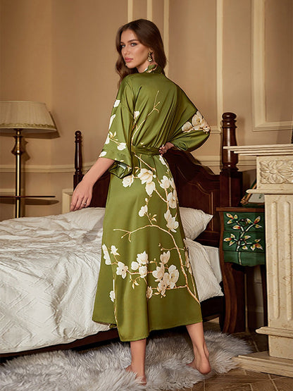 Hand Painted Magnolia Flower 3/4 Sleeves Long Women's Robes