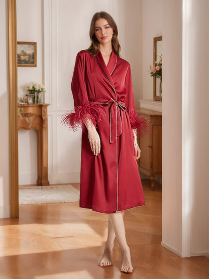 Wine Red Tea-Length High-End Women's Robes with Feather