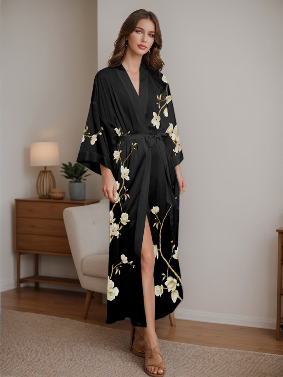 Black Printed Magnolia 3/4 Sleeves Long Women's Robe