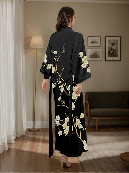 Black Printed Magnolia 3/4 Sleeves Long Women's Robe