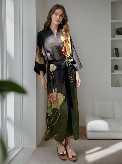 Green Printed Lotus 3/4 Sleeves Long Women's Robe