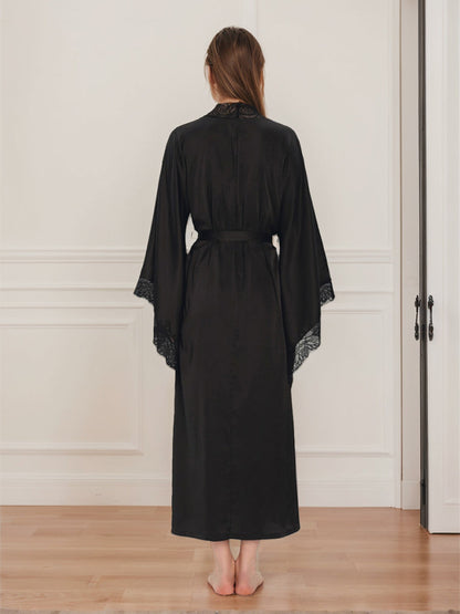 Luxurious Solid Colored Long Women's Bridal Robe with Lace Trim