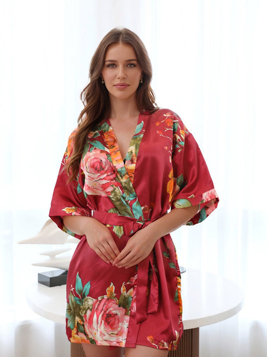 Red Printed Peony Half Sleeves Short Women's Bridesmaid Robes
