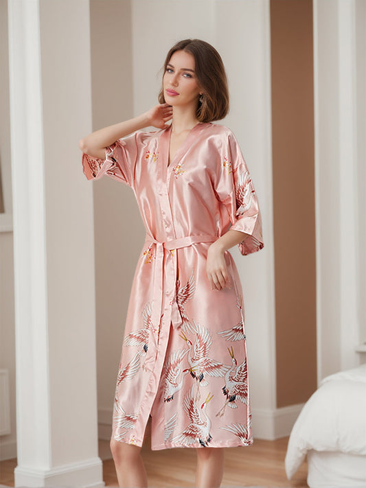 Women's Printed Cranes Half Sleeves Pink Bridal Robes