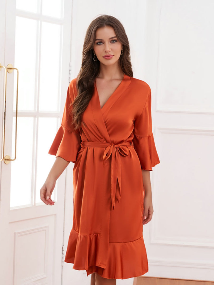 Women's V-Neck Half Sleeves Knee-Length Bridal Robes with Ruffles