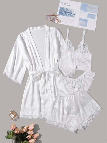 Women's White Short/Mini Four Pieces Sexy Robe Set with Lace Trim