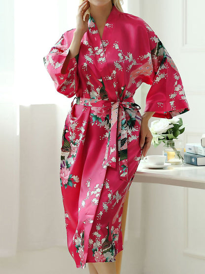 Women's 3/4 Sleeves Knee-Length Printed Peacock Bridesmaid Robes