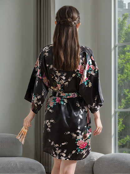 Black 3/4 Sleeves Knee-Length Printed Peacock Women's Robes