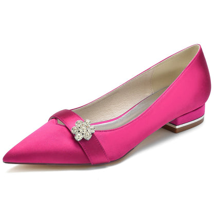 Women's Flower Silk Satin With Rhinestone Closed Toe Flat Heel Wedding Shoes