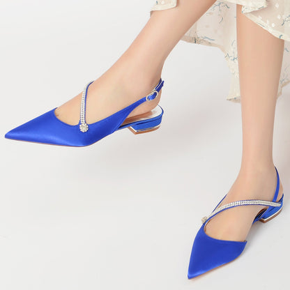 Women's Silk Satin With Ankle Strap Closed ToeRhinestone Flat Heel Evening Shoes