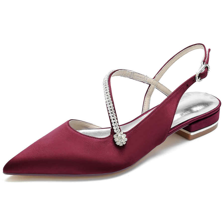 Women's Silk Satin With Ankle Strap Closed ToeRhinestone Flat Heel Evening Shoes