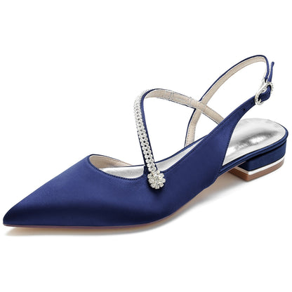 Women's Silk Satin With Ankle Strap Closed ToeRhinestone Flat Heel Evening Shoes