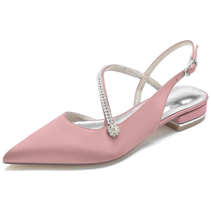 Women's Silk Satin With Ankle Strap Closed ToeRhinestone Flat Heel Evening Shoes