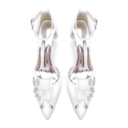 Women's Silk Satin With Ankle Strap Flower Rhinestone Closed Toe Stiletto Heel Wedding Shoes