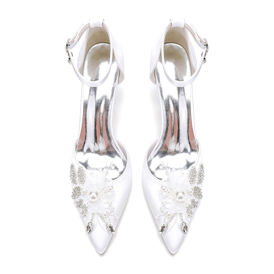 Women's Silk Satin With Ankle Strap Flower Rhinestone Closed Toe Stiletto Heel Wedding Shoes