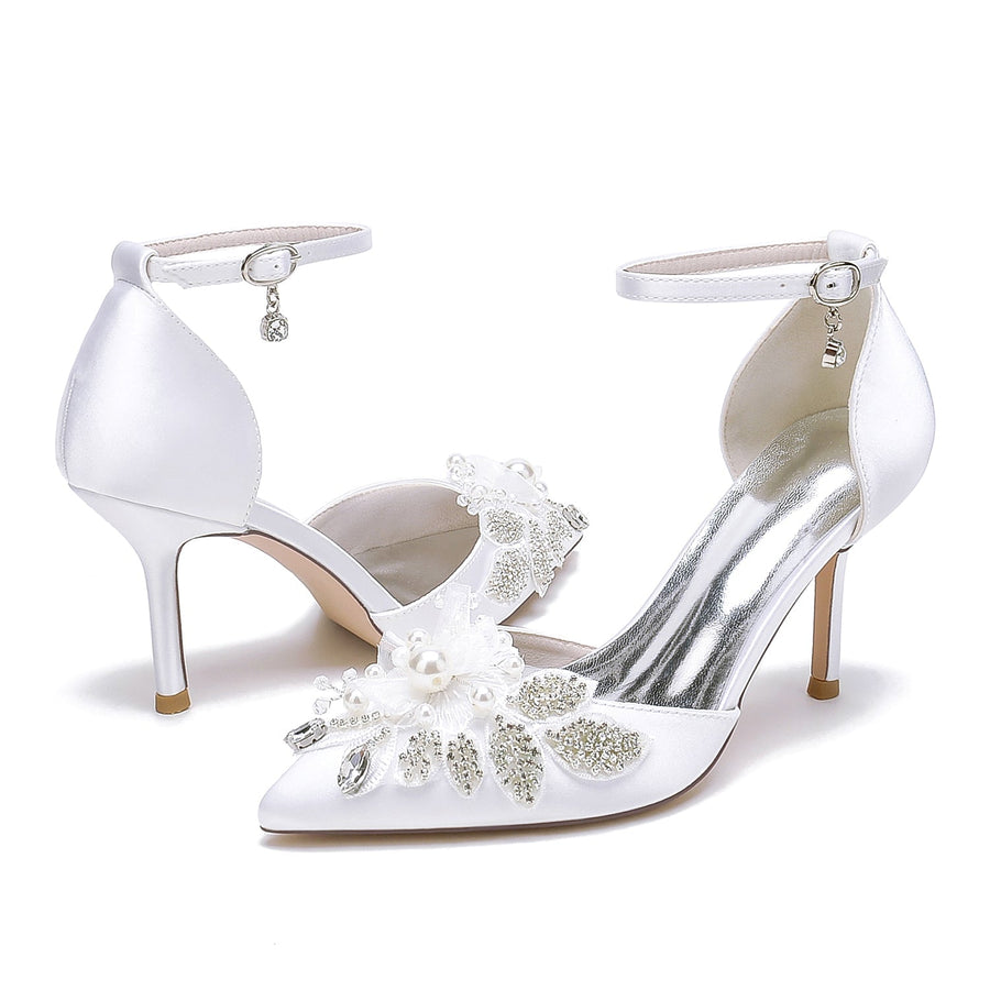 Women's Silk Satin With Ankle Strap Flower Rhinestone Closed Toe Stiletto Heel Wedding Shoes