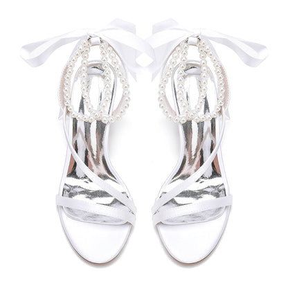 Women's Silk Satin With Ankle Strap Lace-up Pearl Peep Toe Chunky Heel Wedding Shoes