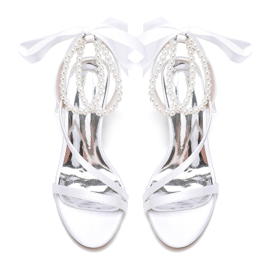 Women's Silk Satin With Ankle Strap Lace-up Pearl Peep Toe Chunky Heel Wedding Shoes