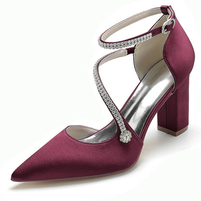 Women's Silk Satin With Ankle Strap Rhinestone Chunky Heel Closed Toe Wedding Shoes
