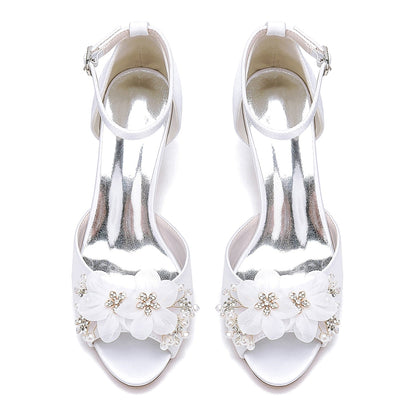 Women's Silk Satin With Ankle Strap Flower Peep Toe Stiletto Heel Wedding Shoes