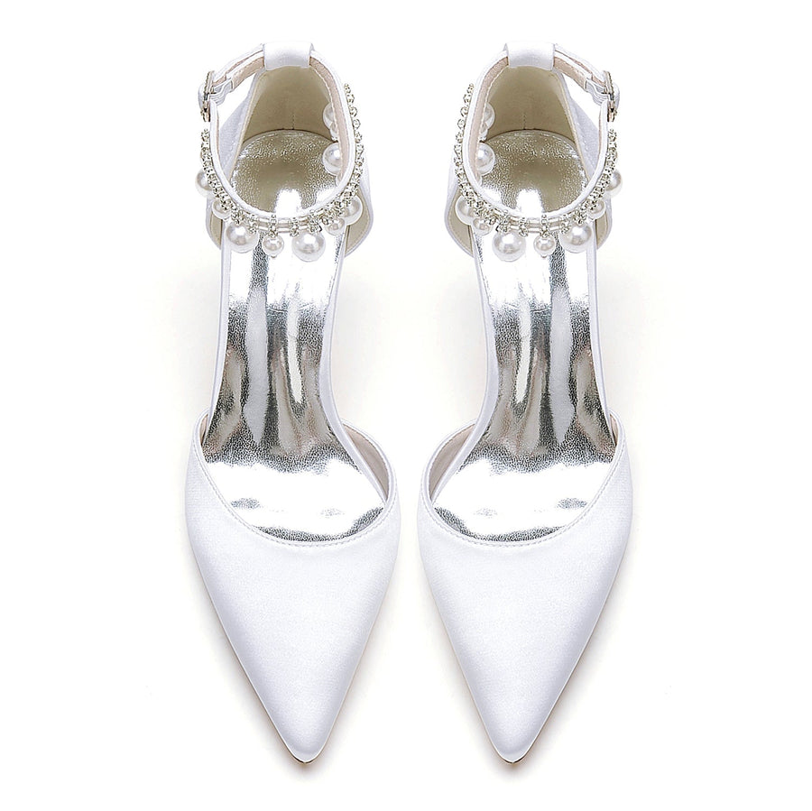 Women's Silk Satin With Ankle Strap Pearl Tassel Closed Toe Stiletto Heel Party Shoes