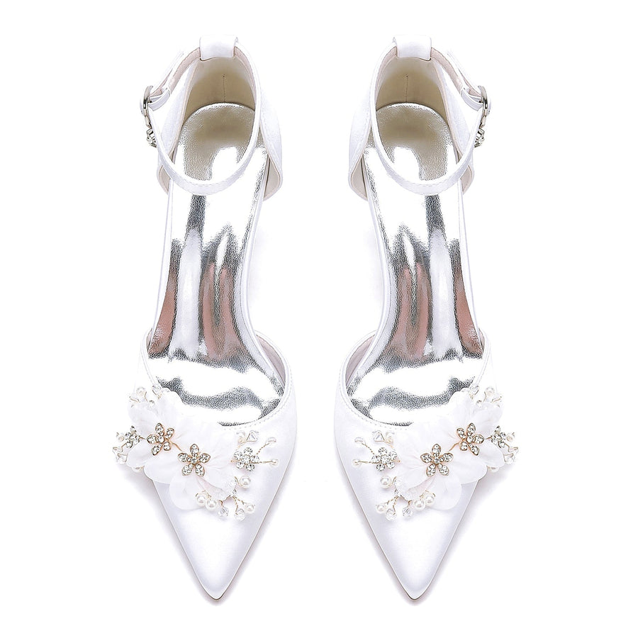 Women's Silk Satin With Ankle Strap Flower Closed Toe Stiletto Heel Evening Shoes