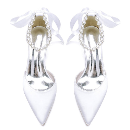Women's Silk Satin With Lace-up Pearl Closed Toe Ankle Strap Stiletto Heel Wedding Shoes