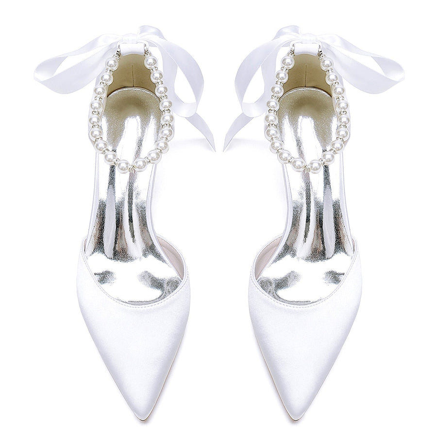 Women's Silk Satin With Lace-up Pearl Closed Toe Ankle Strap Stiletto Heel Wedding Shoes