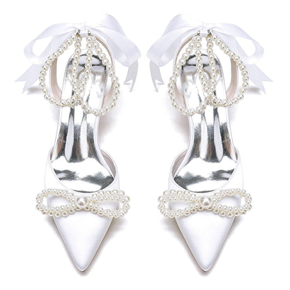 Women's Silk Satin With Ankle Strap Lace-up Pearl Closed Toe Stiletto Heel Wedding Shoes